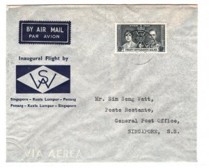 MALAYA Air Mail Cover 1937 FIRST FLIGHT Wearne's Air Kuala Lumpur Singapore MA94