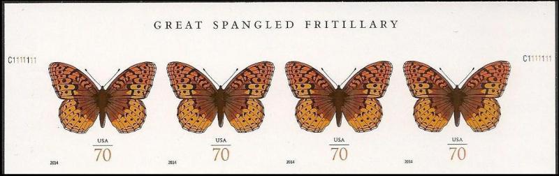 US 4859a Great Spangled Fritillary 70c imperf NDC header strip 4 MNH 2014