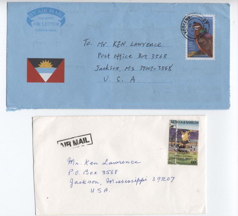 198s and 90s Antigua & Barbuda postal history 2 items inc world cup [L.52]