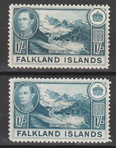 FALKLAND ISLANDS 1938 KGVI MOUNT SUGAR TOP 1/- 2 SHADES