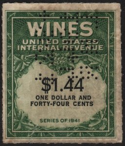 RE147 $1.44 Wine Revenue Stamp (1942) Perfin