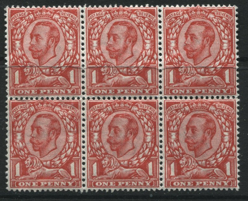 1912 KGV Downey Head 1d scarlet block of 6 mint, 4 are unmounted mint NH (40)