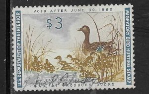 US #RW28  1961 $3 Federal Duck Stamp  (U) multicolored  CV$12.50