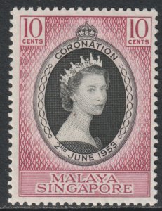 Malaya Singapore Scott 27 - SG37, 1953 Coronation 10c MH*