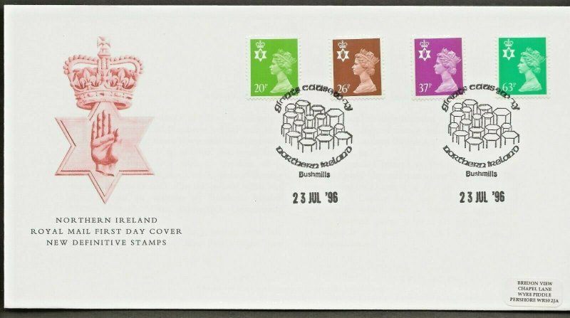 23/7/1996 NORTHERN ISLAND -NEW COUNTRY DEFINITIVE VALUES-FDC-BUSHMILLS POSTMARK