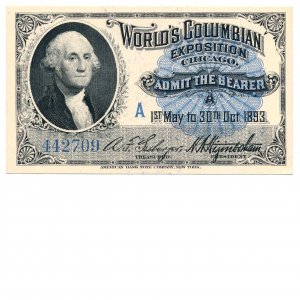 1893 World’s Columbian Exposition Ticket Washington 5 Uncirculated, Chicago, ABN