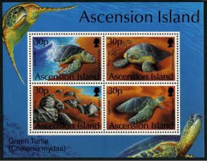 Ascension 589 ad sheet,MNH.Michel 637-640 Bl.26. Marine life 1994.Green Turtle.