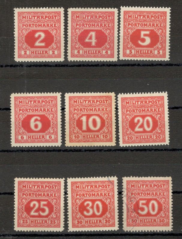 BOSNIA - AUSTRIA - 9 MNH/MH/ USED POSTAGE DUE STAMPS - 1916/1918.