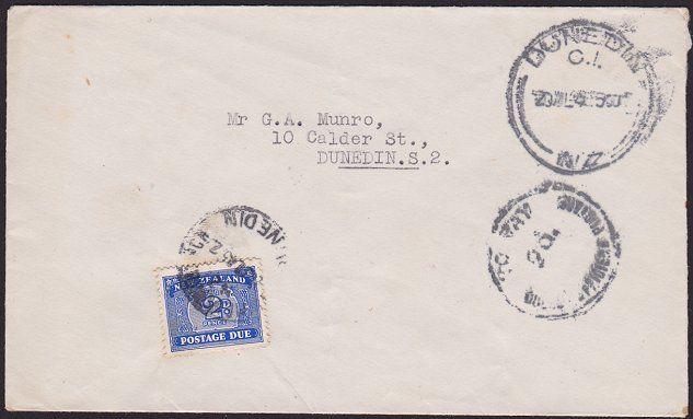 NEW ZEALAND 1945 local Dunedin cover - unpaid with 2d postage due...........1880