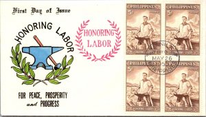 Philippines FDC 1955 - Honoring Labor - 4x5c Stamp - Block - F43142