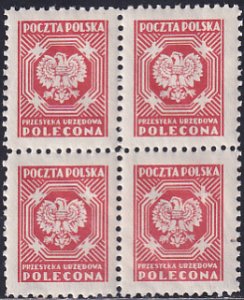 Poland 1953 Sc O28 Red 1.55z Polecona Official No Control #  P11 Blk/4 Stamp MNH