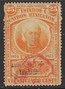 MEXICO REVENUES 1874-75 25c HIDAIGO WOVE Paper YUCATAN Control DO8 Used