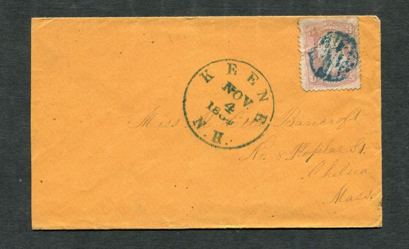 Postal History - Keene NH 1864 Blue Serified Year Dated CDS Grid #65 Cover B0222