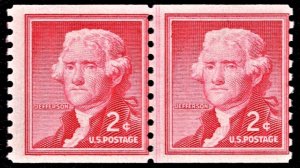 US 1055b MNH  2 Cent Thomas Jefferson Coil Line Pair Small Holes Shiny Gum