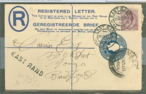 South Africa  1925 KG V 4c reg env size G, used from East Rand, Maseru transit cancel