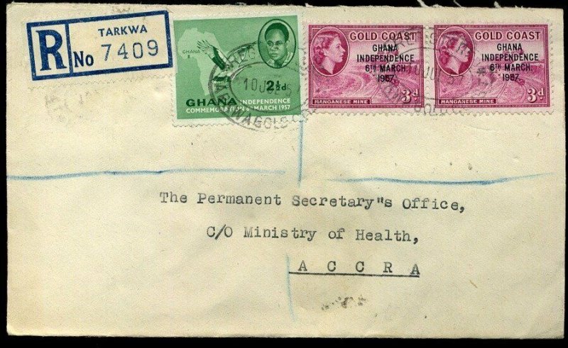 Ghana 1957 Registered Tarkwa x2 QEII 3d Independence Ghana 2½d