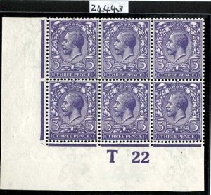 GB 1912 3d very deep violet um T22 corner blk of 6, nice creamy gum, sg375var