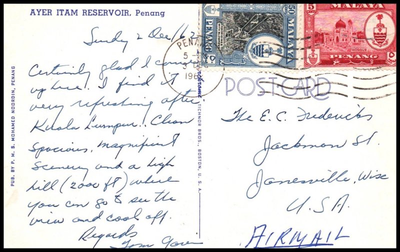 Malaysia Penang to Janesville,WI 1962 Postcard Cover