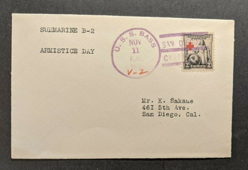 1931 USS Bass Submarine Navy Cover San Diego California Ship Cancel