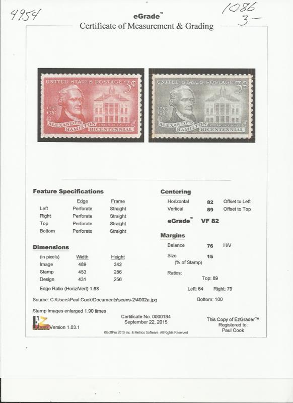 # 1086 MINT NEVER HINGED ALEXANDER HAMILTON     VF+