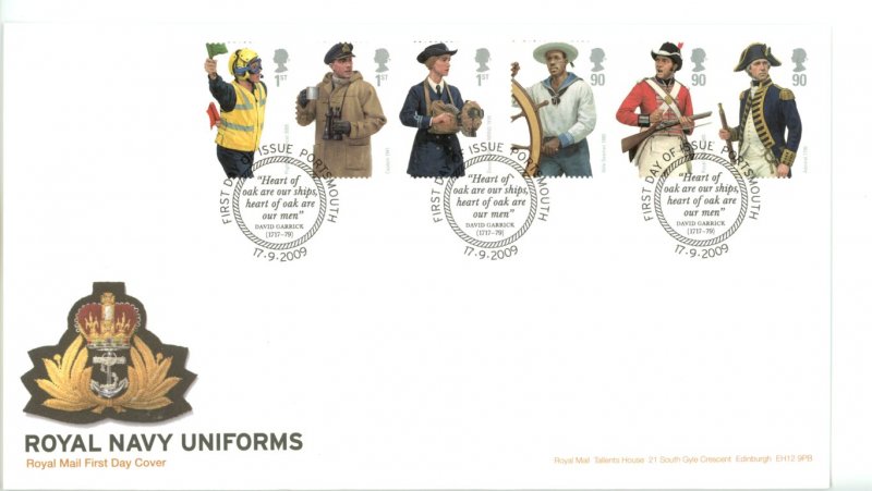 Great Britain 2009 FDC Royal Navy Uniforms Sc# 2686-91 setenant strips