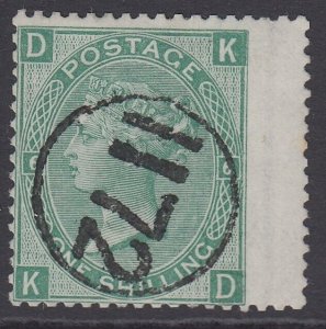 SG 117 1/- green plate 6. Very fine used with an ‘1172’ telegraph office CDS