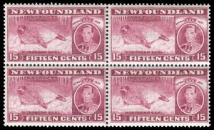 Newfoundland 1937 KGVI Coronation 15c claret block of four VFM / MNH. SG 263d.