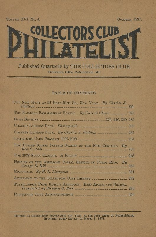 Lot of 10 Early Issues, Collectors Club Philatelist, July 1934 - Oct. 1938 