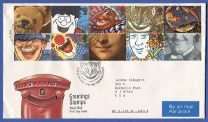 GB  Sc 1313a 1990 block of 10 Smilers on FDC - Cheshire Cat Postmark/cancel
