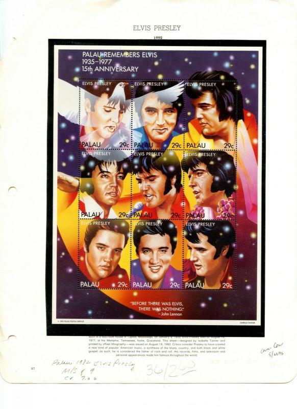 PALAU Sc#310 1992 Elvis Presley Miniature Sheet of 9 Complete Mint NH