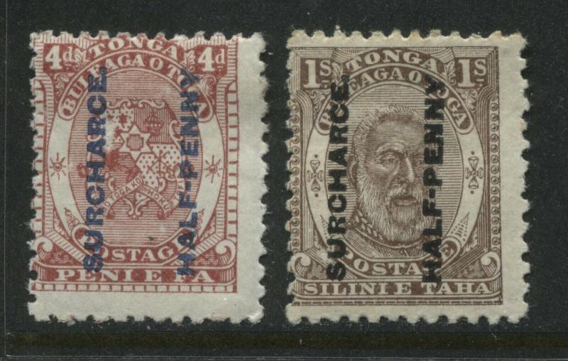 Tonga 1894 4d and 1/ overprinted 'Surcharce' variety on both stamps mint o.g.