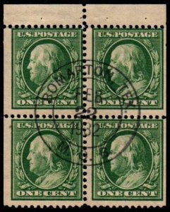 U.S. #374a VF Used Top Booklet Block/4 w/ Tab; Dead Post Office