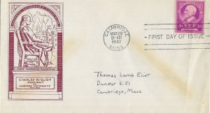 1940 FDC, #871, 3c Charles W. Eliot, 1st Harvard Stamp Club M-57