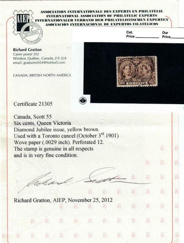 CANADA # 55 VF-6cts JUBILEE WITH TORONTO DATED CANCEL WITH CERTIFICATE CV $250