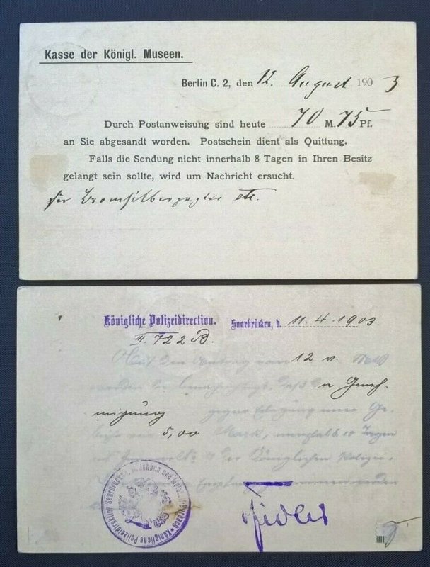 Deutschland Prussian Census 1903 Two Cards Polizeidirektion Saarbrucken Museen 