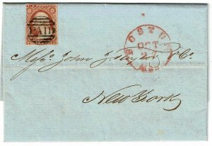 1851 Boston, MA cancel in red on folded letter PAID, Scott 10, type I