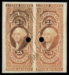 B570 U.S. Revenue Scott R44a 25c Certificate imperforate pair on piece, punched