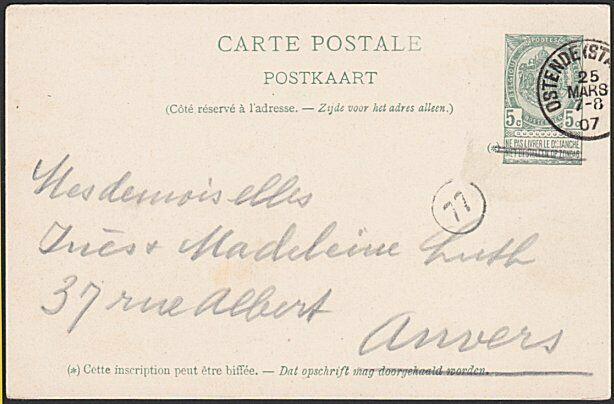 BELGIUM 1907 5c Ostende-Dover ship postcard 'Price Albert' used............54979