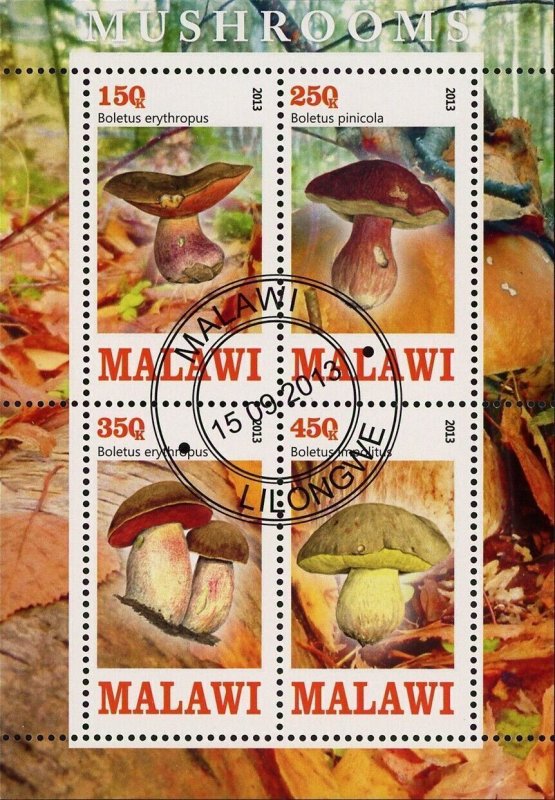 Malawi Mushroom Boletus Pinicola Fungus Souvenir Sheet of 4 Stamps