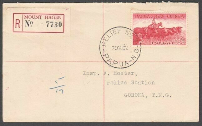 PAPUA NEW GUINEA 1962 Registered cover ex MOUNT HAGEN .Relief No.3 cds......M760