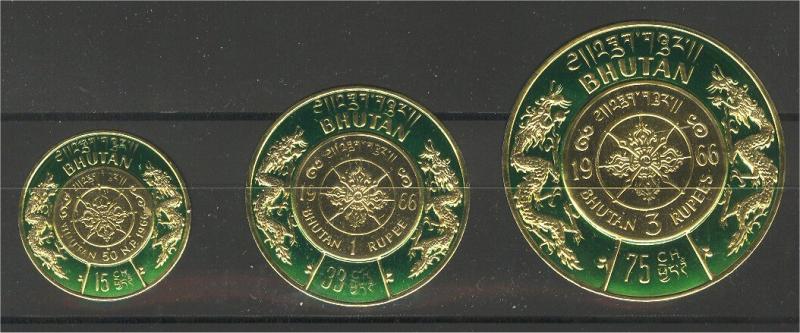 BHUTAN GOLD FOIL SET OF 3 never issued STAMPS FROM 1966	