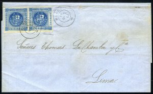 Peru #9, 1860 1d blue, horizontal pair tied by neat Pasco 14.Oct.61 cancel ...