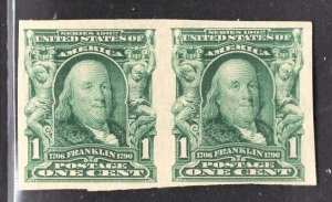 US Stamp#314 1c Blue Green Franklin Imperf PAIR MINT Hinged OG SCV $ $30.00 