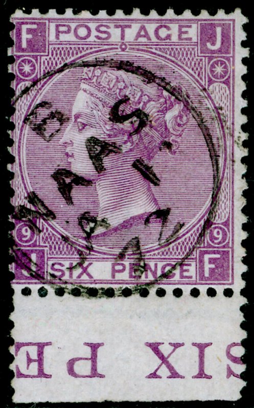 SG109, 6d mauve plate 9, FINE USED. Cat £90++. MARGINAL INSCRIPTION. JF 