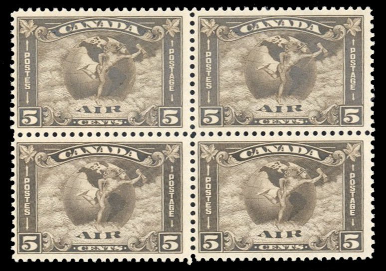 Canada #C2 Cat$360, 1930 5c dark brown, block of four, never hinged