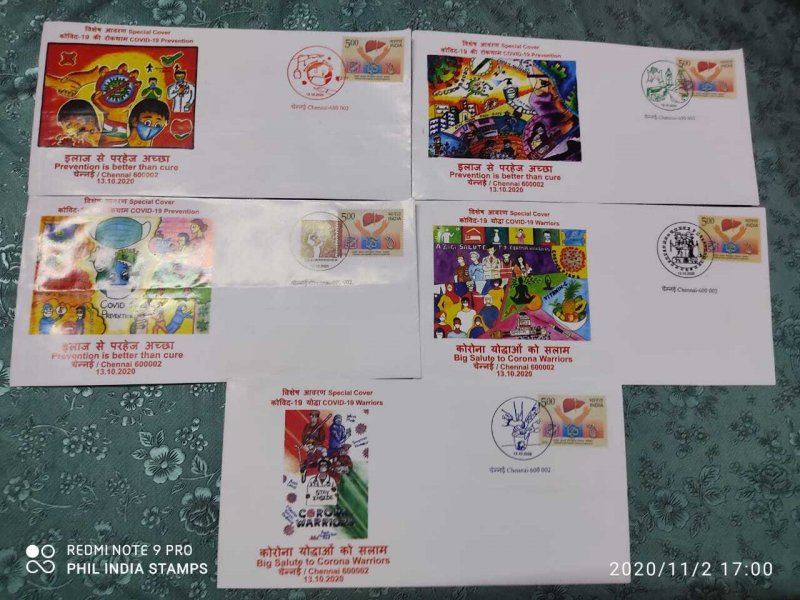 India 2020 Big Salute to Corona Warriors COVID-19 Health Set of 5 Special Covers