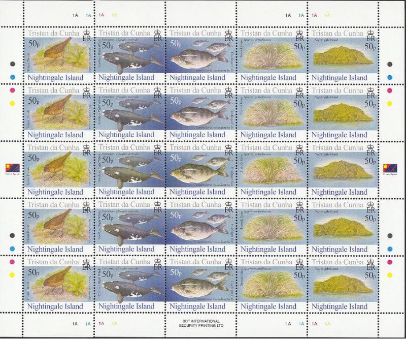 Tristan da Cunha Birds Fish Marine Life Plants Nightingale Island Full Sheet of