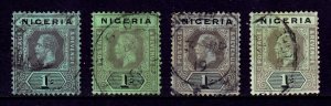 NIGERIA — SCOTT 8, 8a, 8b, 8c — 1915-20 KGV 1/- ISSUE, 4 SHADES— USED — SCV $132