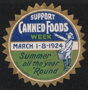 1924 US Die Cut Poster Stamp Support Canned Foods Week March 1-8, 1924 Unused