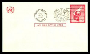1959 UNITED NATIONS FDC Air Mail Postal Card - New York, UN 5 cent T10 